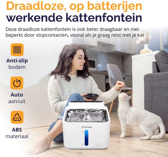 Viervoeter Kabelloser Trinkbrunnen aus Edelstahl – Sensor-Trinkbrunnen für Katzen und Hunde – Inklusive Filter – 3,2 l – 30 Tage Batterielaufzeit – Flüsterleise – Weiß