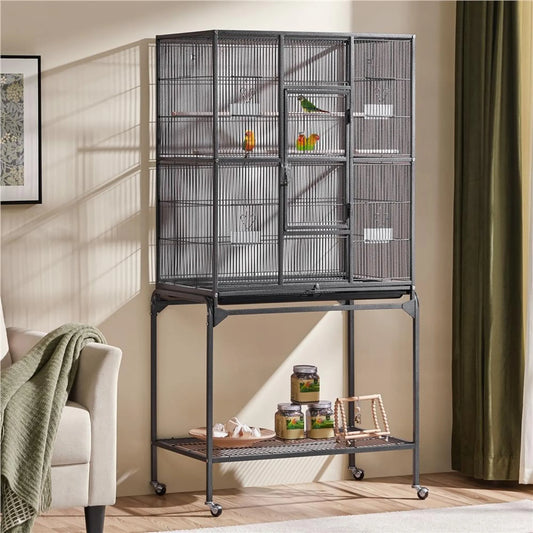 Yaheetech Vogelkäfig mit mobilem Sockel - ausgestattet mit herausnehmbarem Käfig und sechs Zugangstüren und Ablagefläche - für Sittiche und Falken - gehämmertes schwarzes Metall - 81 x 47 x 160 cm