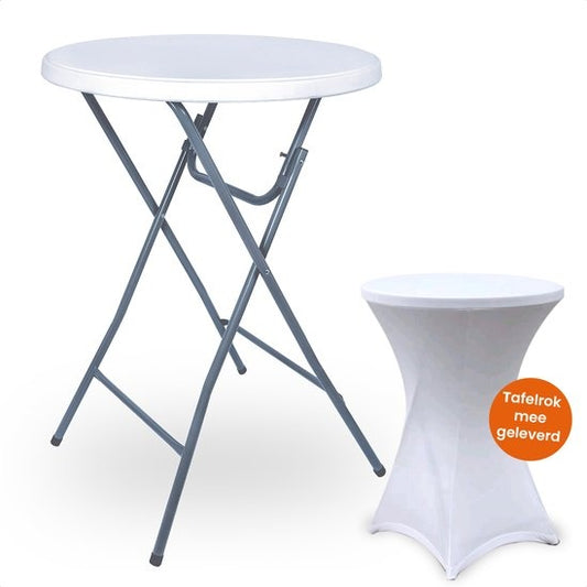 Goliving Bartisch - Inklusive Tischabdeckung - Tischschürze - Zusammenklappbar - Stabiler Partytisch - Für den Innen- und Außenbereich - Belastbarkeit 50kg - Ã˜80 x 110 cm - 8,5 kg - Weiß