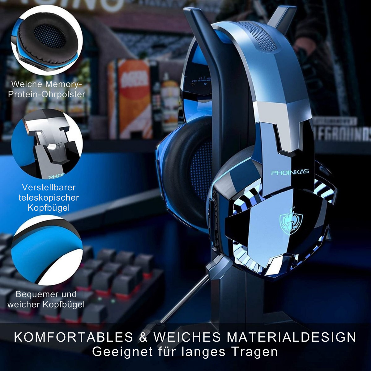 PHOINIKAS Bluetooth Gaming Headset - Mit Mikrofon - G2000 BT - Over-Ear Kopfhörer -Schwarz