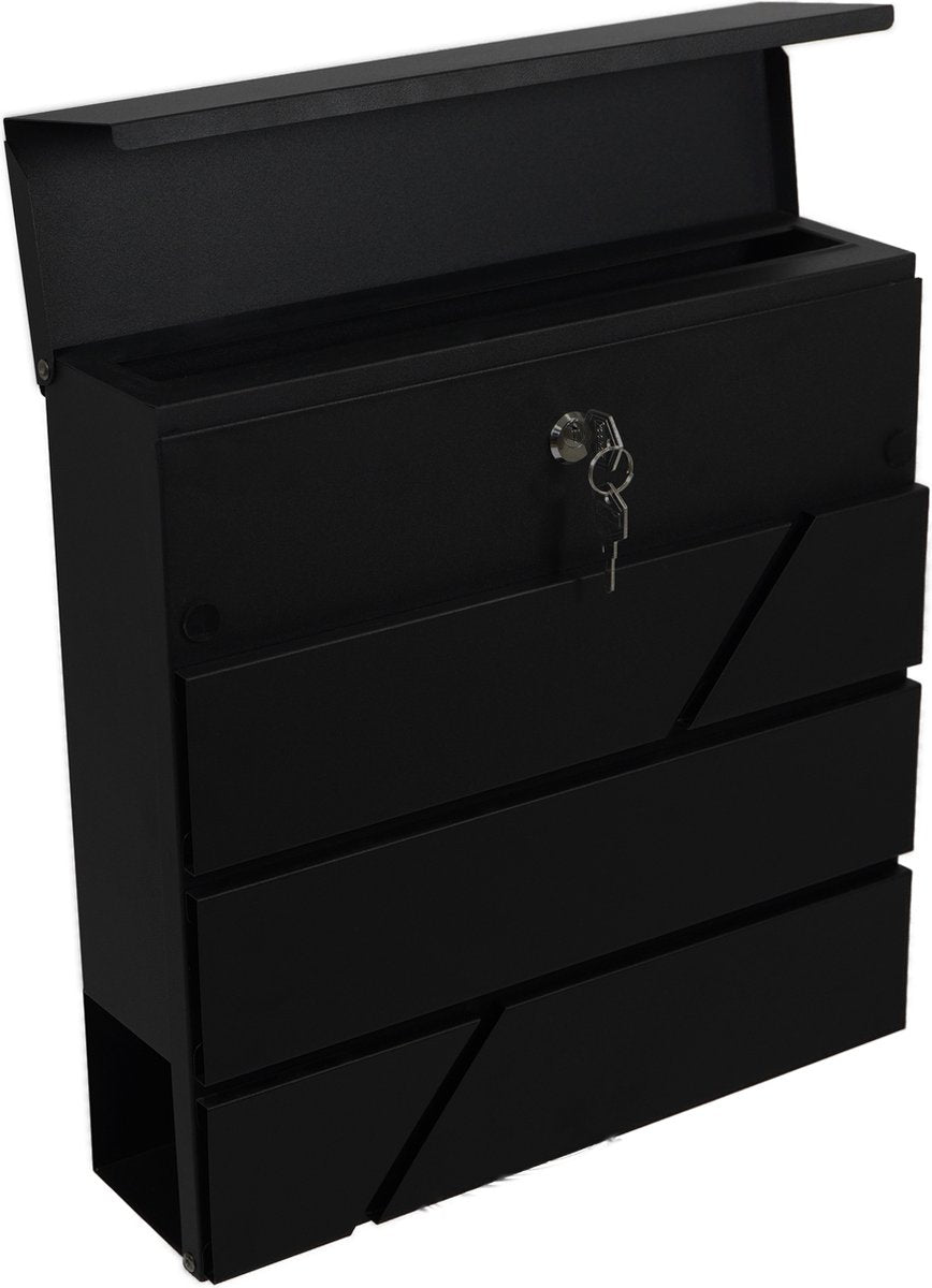 BRASQ Deluxe Briefkasten Schwarz 37,5 x 36,5 x 11 cm - Wandbriefkasten mit Schloss und Zeitungsfach - Inklusive Befestigungsmaterial & 2 Schlüssel