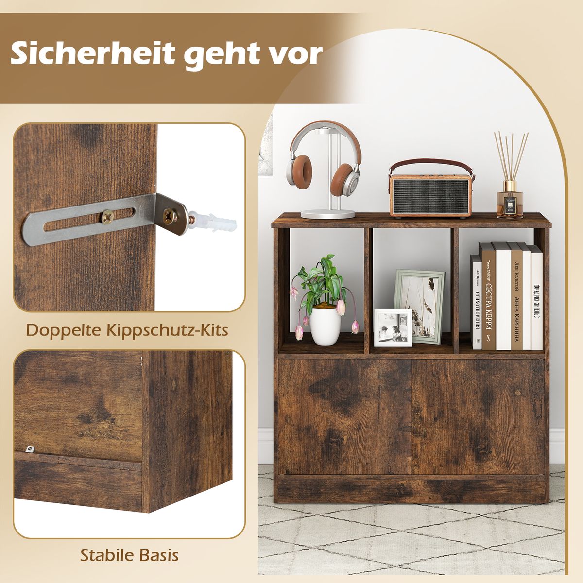 Coast Bücherregal mit 3 offenen Fächern und 2 Türen – modernes Design – braun – 70 x 30 x 70 cm