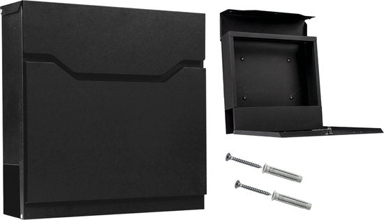 BRASQ Briefkasten Premium Schwarz - Wandbriefkasten - Inkl. Montagematerial & 2 Schlüssel - mit Zeitungsfach und Schloss - Edelstahl
