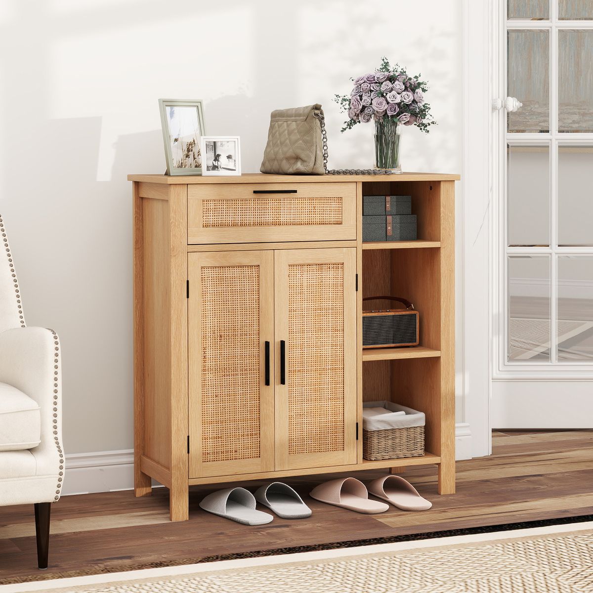 Coast Holzkommode – Türen und Schublade aus Rattan – Verstellbares Regal – Naturfarben 75 x 30 x 80 cm