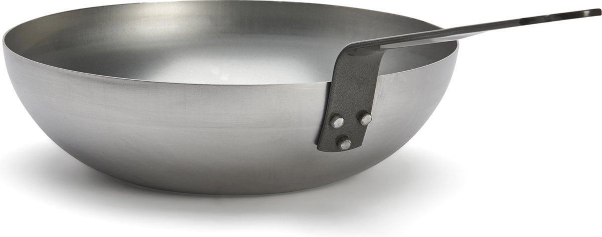 De Buyer Wok - Stahlblech - Ø 28 cm - Breiter Boden - PFAS-frei - Für Induktion - Grau