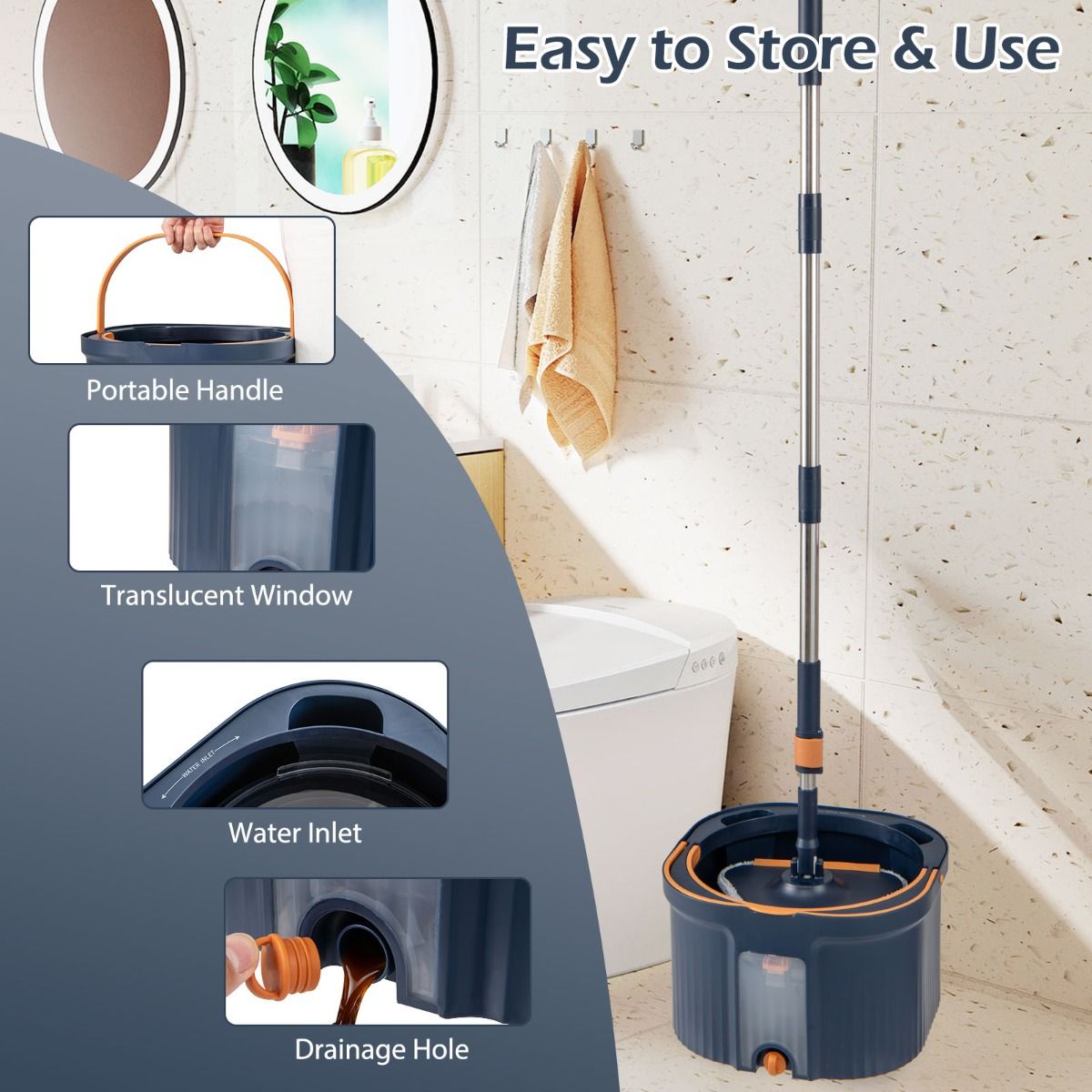 Coast Spinmopp und Eimerset – trennt sauberes und schmutziges Wasser – um 360° drehbarer Moppkopf – dunkelblau