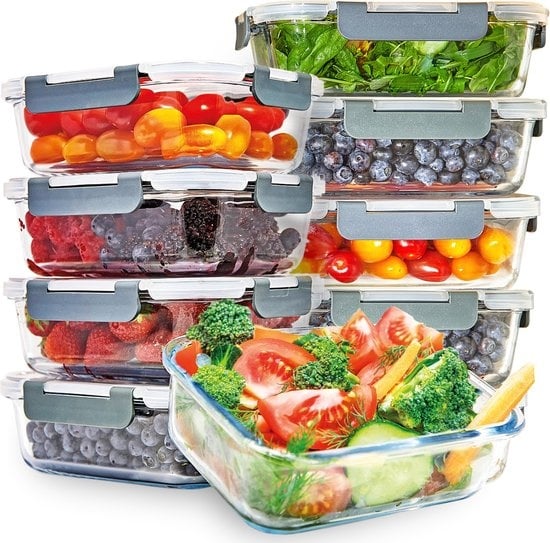 KitchenBrothers Meal Prep Trays - Frische-Schalen-Set - luftdicht - BPA-frei - 1L - Glas - 10 Stück