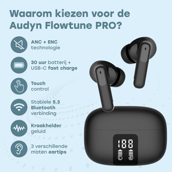 Audyn Kabellose Ohrhörer – Kabellose Ohrhörer – Geräuschunterdrückung ANC+ENC – Bluetooth – In-Ear – Schwarz – FlowTune Pro