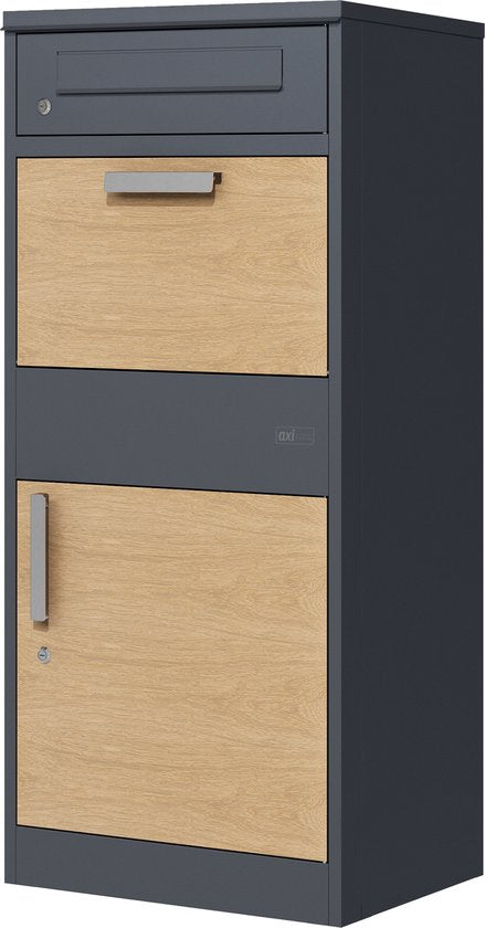 AXI Levi Paketbriefkasten aus Metall, anthrazit/Holzoptik – Paketbox für mehrere Pakete – Inklusive Schloss und separatem Fach für Post – 50,6 x 38,3 x 112 cm
