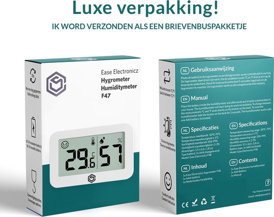 Ease Electronicz Hygrometer & Thermometer - Wetterstation - Luftfeuchtigkeitsmesser - Raumthermometer - inkl. Batterie und Klebestreifen