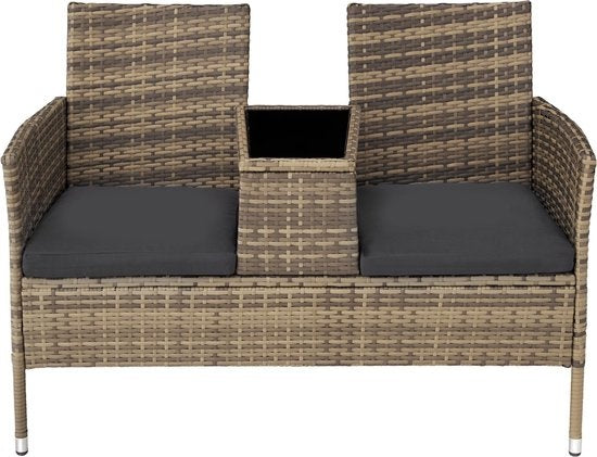 tectake - Geflecht-Gartenbank mit Tisch, 2-Sitzer-Bank, 131 x 61 x 82 cm, Gartenbank für Balkon und Terrasse, Gartenbank inklusive Sitzkissen - natur/dunkelgrau - Poly-Rattan
