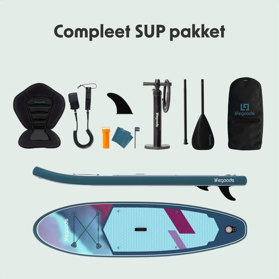 LifeGoods SUP Board All-round Compact - mit Sitz - 100 KG Tragfähigkeit - 300 x 76 cm - Aufblasbar - Komplettes SUP Paket - Blau/Lila