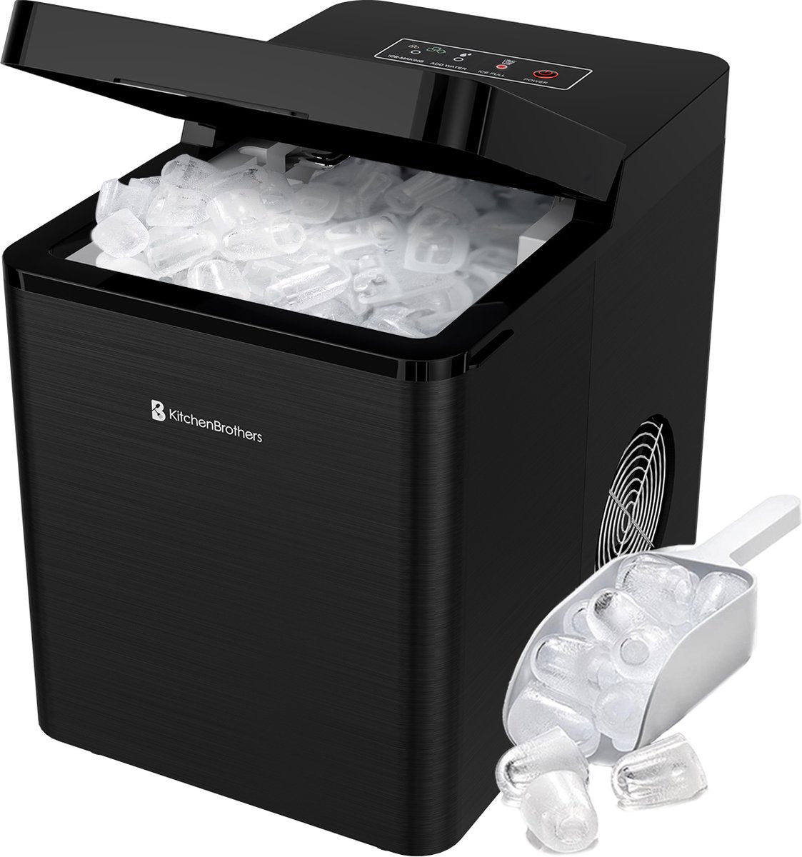 KitchenBrothers - Eiswürfelbereiter - Segelreinigungsfunktion - 15kg/24h - Edelstahl - Schwarz