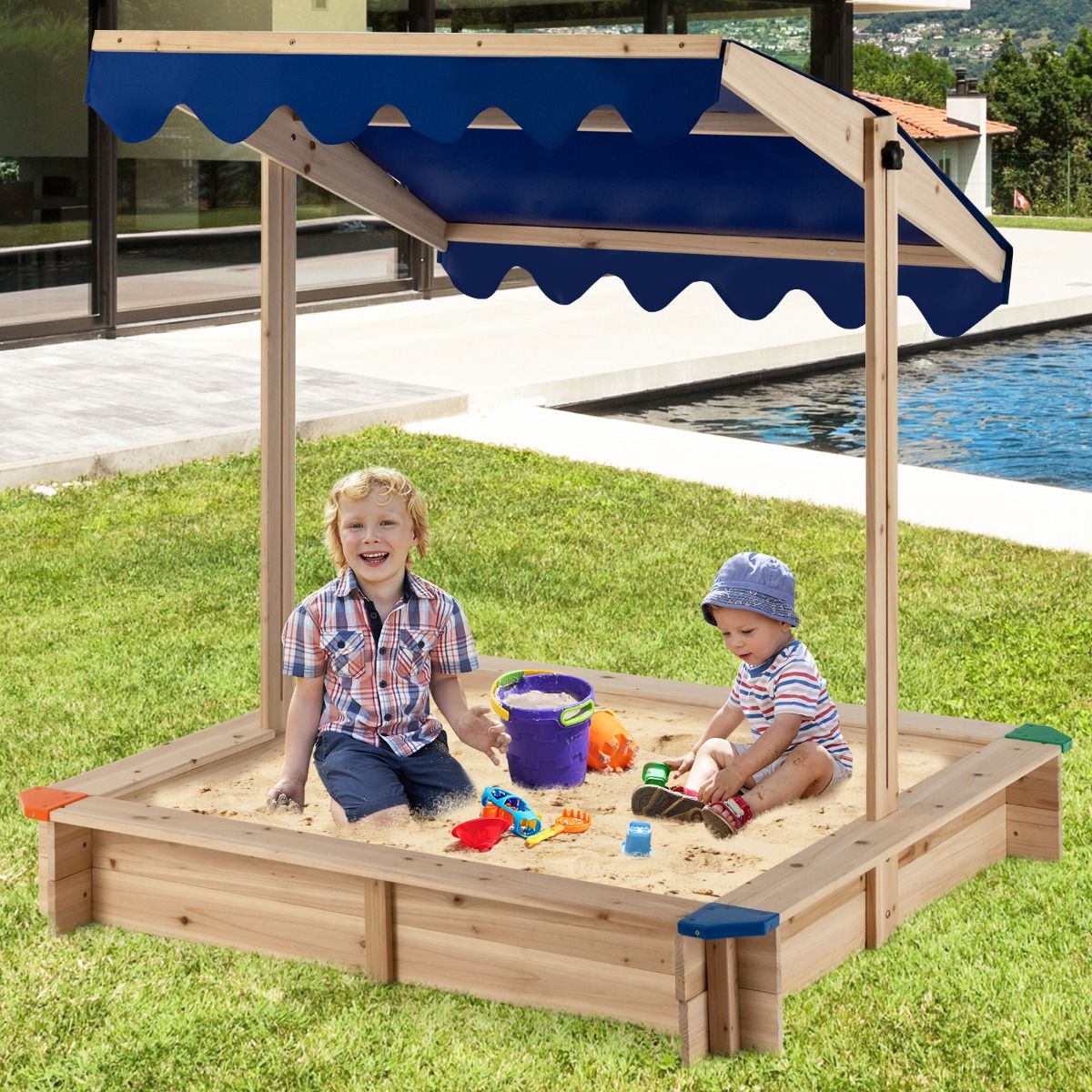 Coast Holzsandkasten mit verstellbarem Sonnendach – ohne Boden – Sitzecke – blau – 121 x 121 x 120 cm