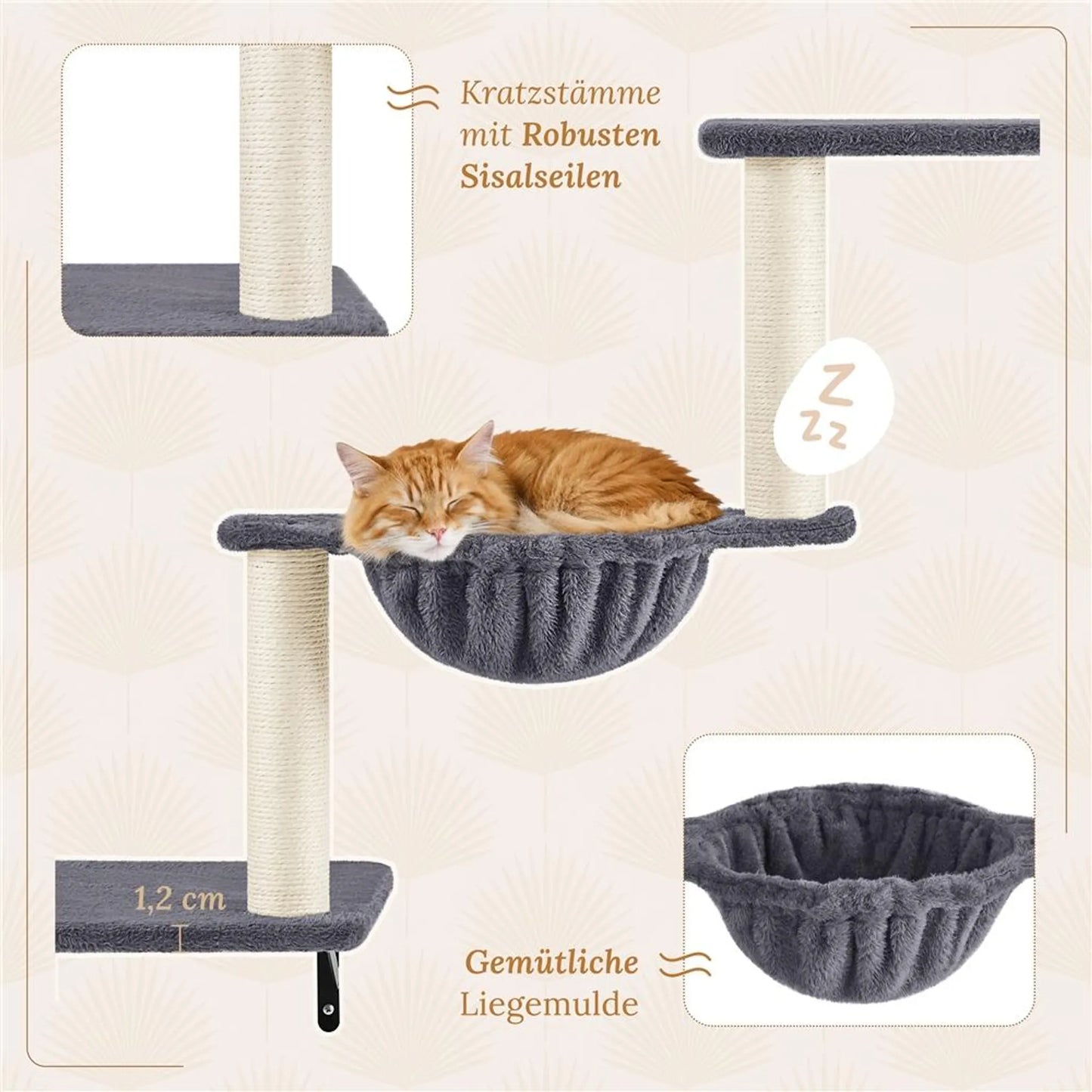 Yaheetech Wandmontiertes Katzenmöbel-Set - 49 x 30 x 40 cm - ausgestattet mit Katzenhöhle und Liegekorb und Sisalkratzpfosten und mehreren Plattformen - für 1-5 Katzen - dunkelgrauer Plüsch und Metall