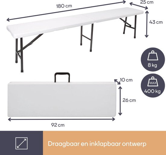Perel Faltbare Bank 4-Sitzer - Faltbar und wetterfest - Mit Griff - Ideal für Picknick, Camping, Grill und für den Innen- und Außenbereich - Maximal 400 kg - Weiß