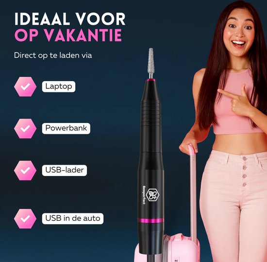 Beeperfect® Elektrische Nagelfeile - Nagelfräse - Maniküre- und Pediküreset - 12 Bits und 60 Schleifrollen - 4 Extra-Zubehör - Schwarz