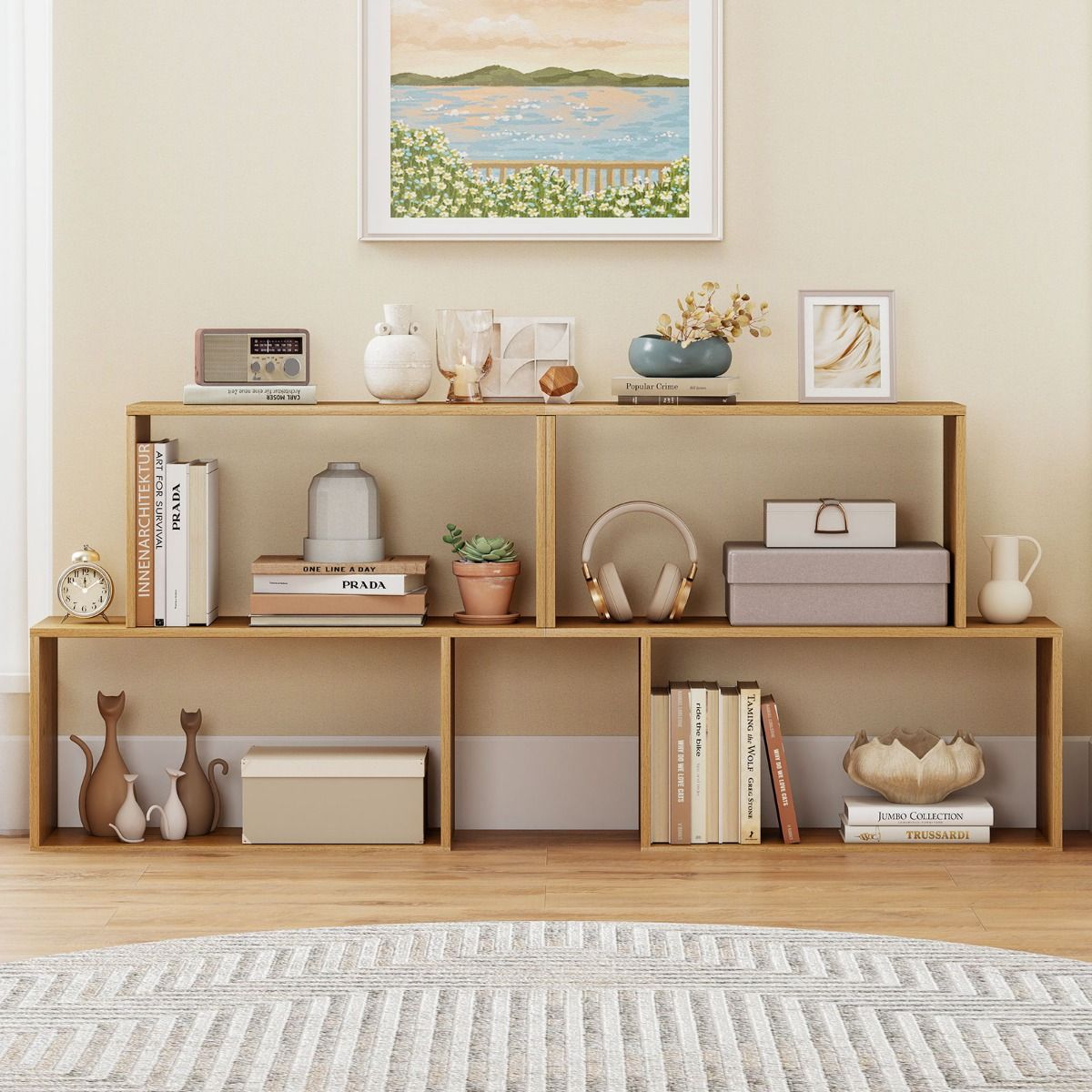 Coast Bücherregal – 3-stöckiges geometrisches Design – 2 würfelförmige Fächer – Naturholz