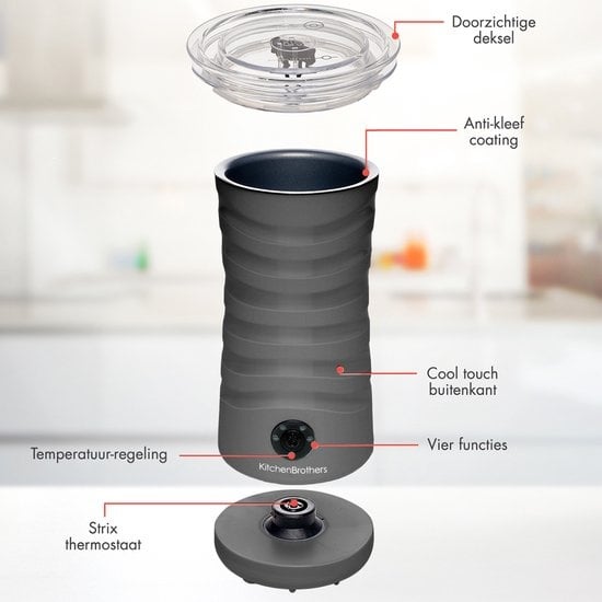 KitchenBrothers Elektrischer Milchaufschäumer - 4-in-1 - 240 ML - Praktischer Milchaufschäumer - Anthrazit