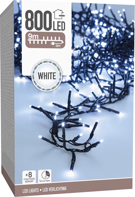 Maxi Cluster Weihnachtsbeleuchtung - 800 led - 12m - (Eis) weiß - Timer - Lichtfunktionen -Outdoor-Indoor Memory