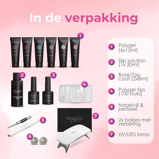 Moods Gellac - Luxus Polygel Set - Polygel Nägel Starter Pack - Inklusive UV LED Lampe - 6 Farben - Grau Nude