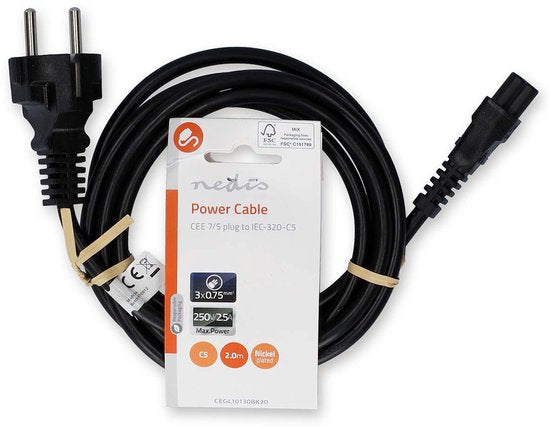 Nedis Stromkabel - Typ F (CEE 7/7) Stecker - IEC-320-C5 - Gerade - Vernickelt - 2,00 m - Rund - PVC - Schwarz - Etikett
