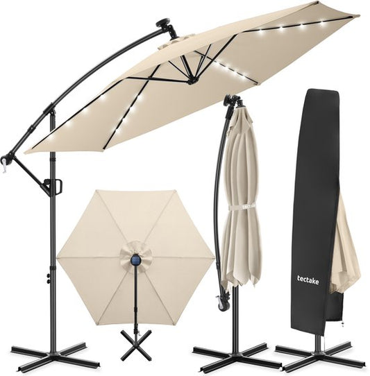 tectake® Schwebeschirm mit Sockel – 3 x 3 m – Gartenschirm mit solarbetriebener LED-Beleuchtung – drehbar – wasserabweisendes Polyester mit UV-Schutz – inklusive Schutzhülle – Beige