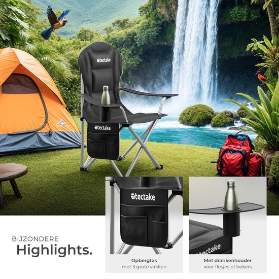 Tectake - gepolsterter Campingstuhl - Inklusive Becherhalter, Staufach und Tragetasche - Glamping-Stuhl - schwarz