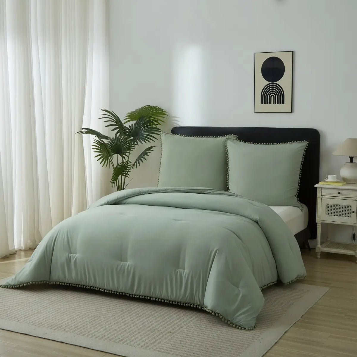 Meeallhome Bettwäscheset mit Pompon-Fransen – 200 x 220 cm + 2 x 80 x 80 cm – Türkis