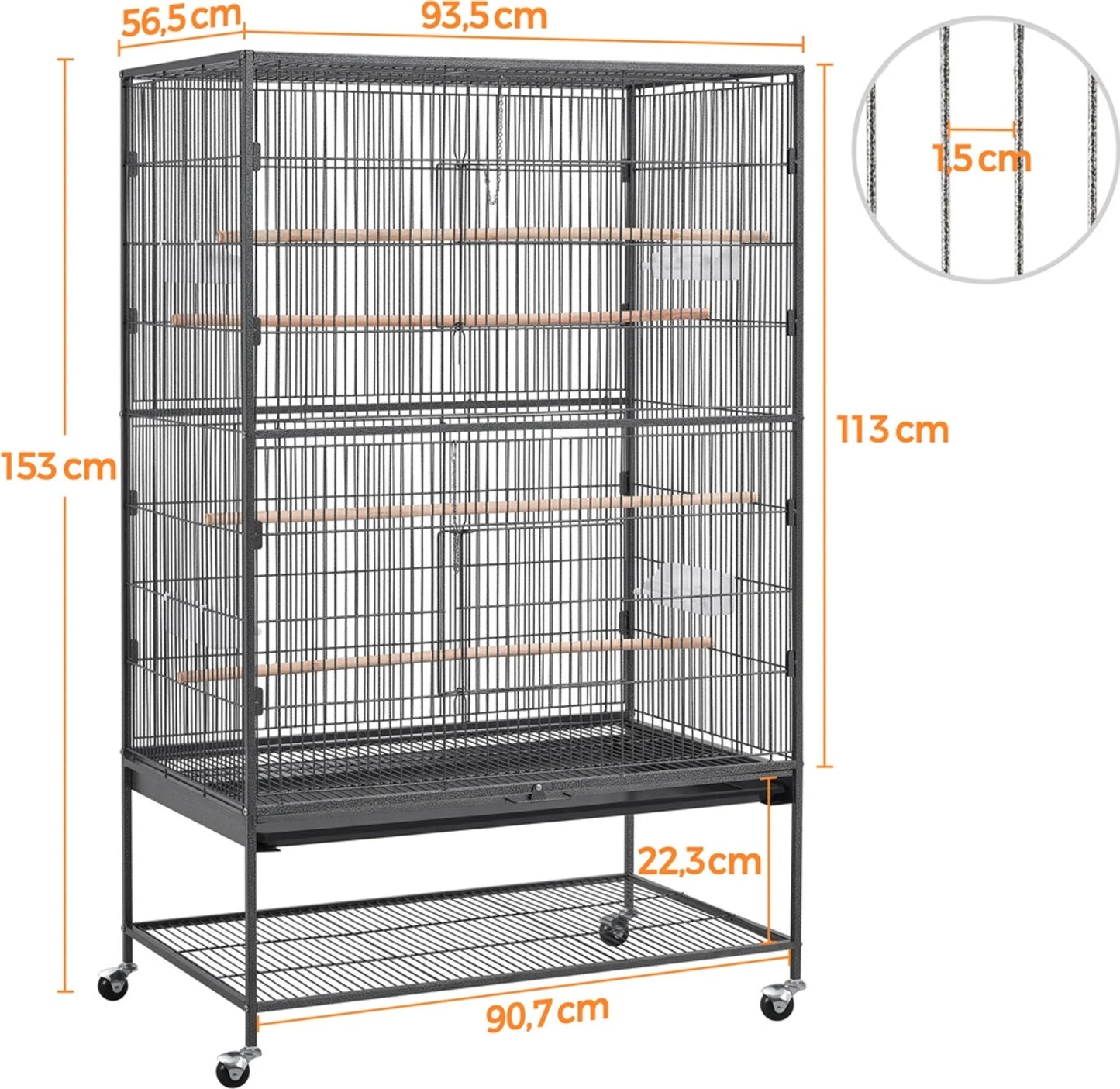 Yaheetech XXL Vogelkäfig mit 360° Rollen - Ausgestattet mit unterem Ablagefach und 4 Sitzstangen und abnehmbarer Bodenplatte - Für Sittiche und Falken - Schwarzes Metall - 93,5 x 56,5 x 153 cm