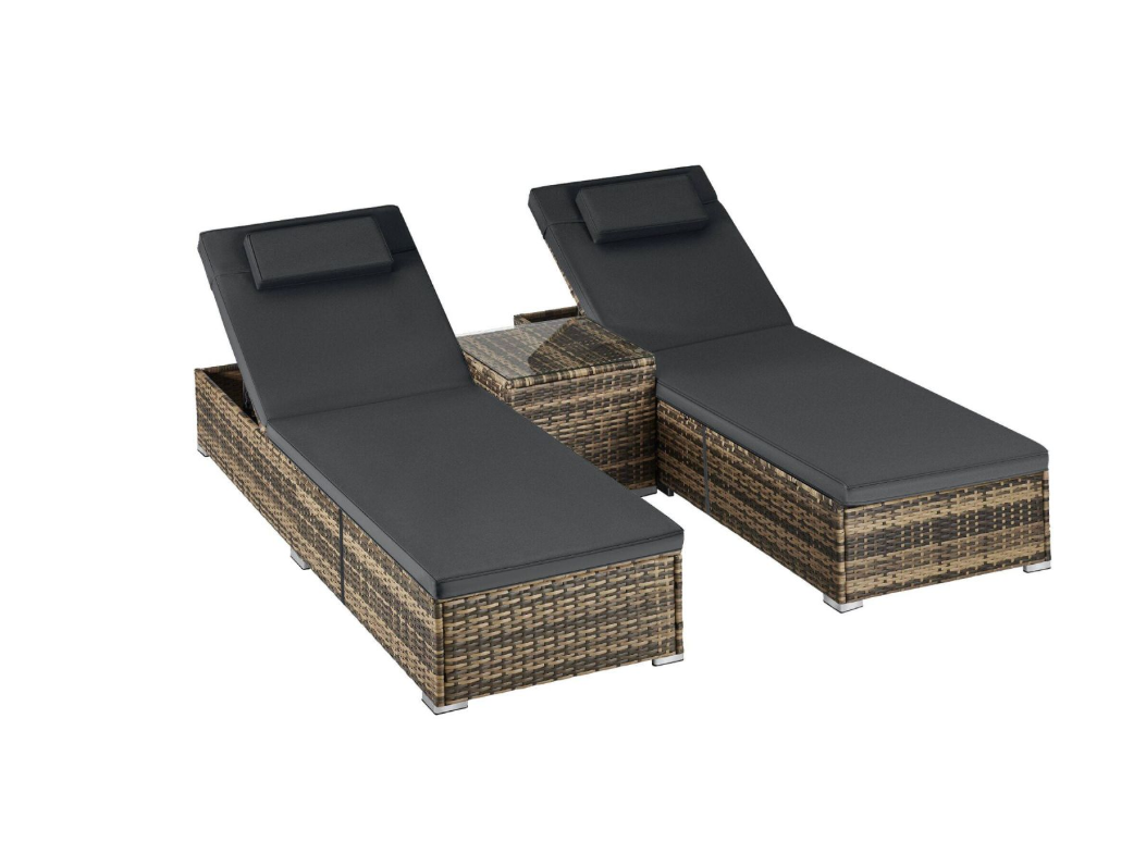 Tectake Carbonera Doppel-Liegestuhl aus Korbgeflecht – Natur – 62 x 196 x 36 cm – 2er-Set, inklusive Beistelltisch