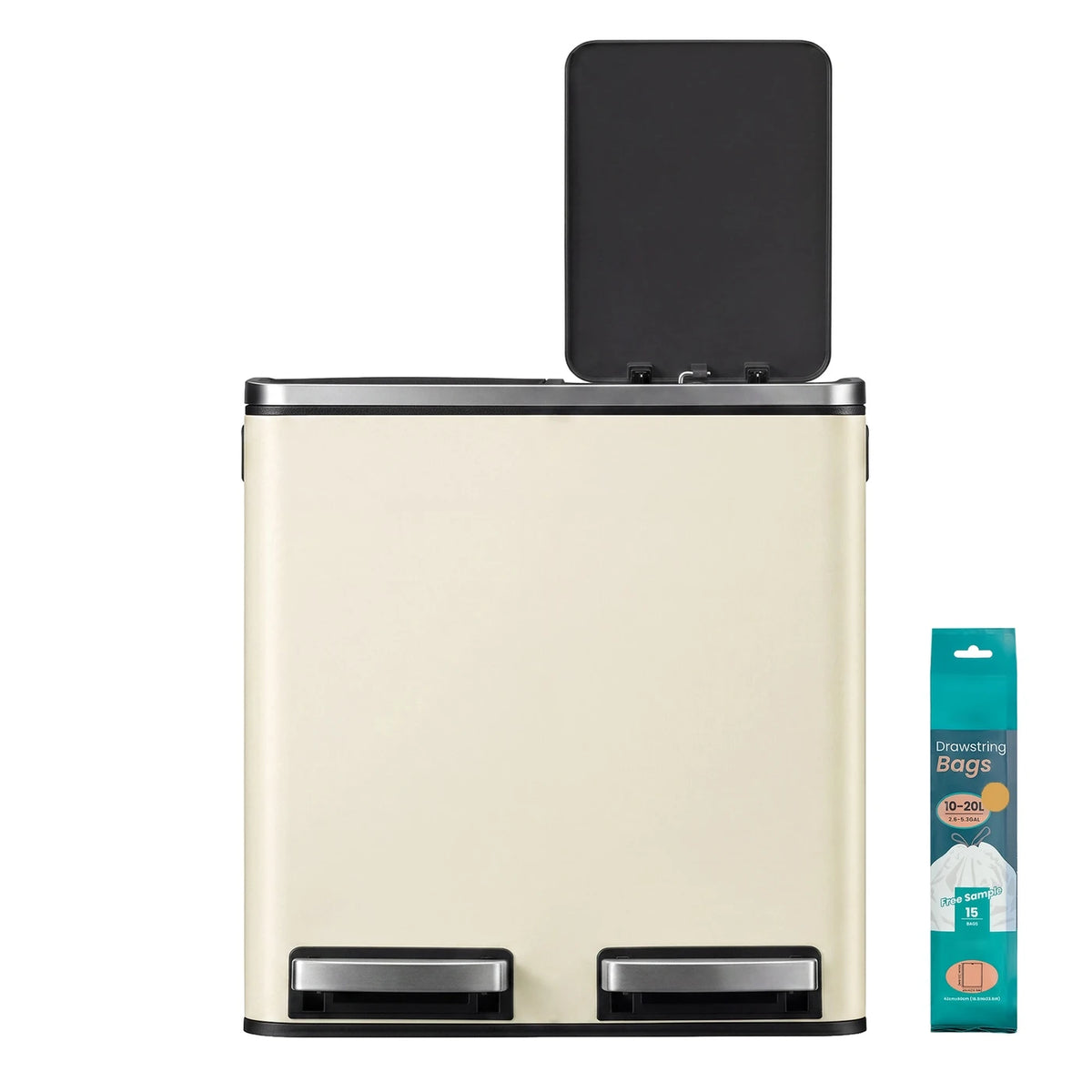 Joyfurnos Doppel-Treteimer – Beige & Schwarz – 2 x 15 Liter – Softclose-Deckel – Stahl – 41,8 x 35,9 x 44,5 cm