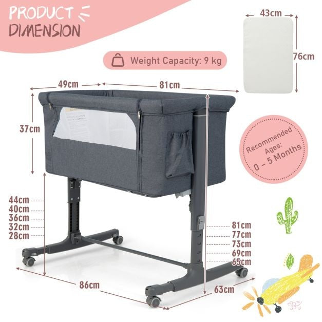 Coast 3-in-1 Babywiege mit 5 Höhenverstellungen - 86 x 63 x 67/70/74/77/81 cm - grau
