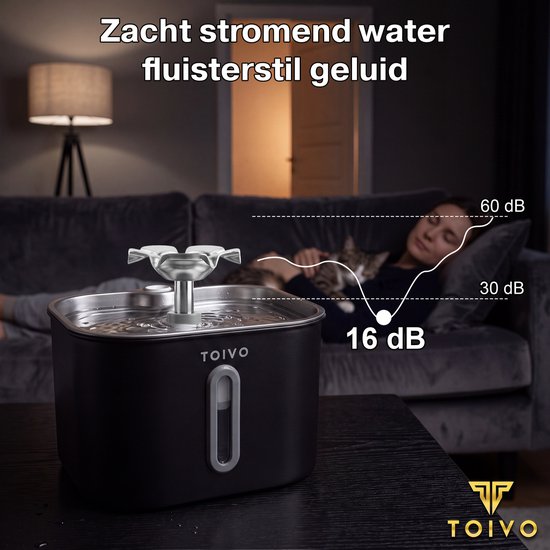 Toivo Trinkbrunnen für Katzen – 2,2 l – Edelstahl – Trinkbrunnen mit Sichtfenster, inkl. 4 Filter – Wasserspender – Flüsterleise – Katzenbrunnen – Trinknapf – Wassernapf – Schwarz
