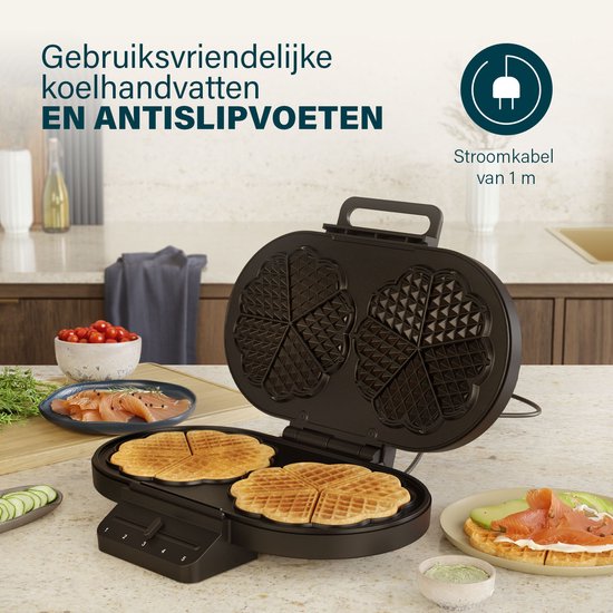 Princess 132384 Doppel-Waffeleisen – 10 herzförmige Waffeln – 1200 W – Einstellbarer Thermostat – 5 Stufen – Antihaftbeschichtung – PFAS-frei – Schwarz – Gaufrier