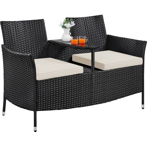 Yaheetech Gartenbank für 2 Personen – mit Glastischplatte – 131 x 65,5 x 85 cm – Schwarz/Beige