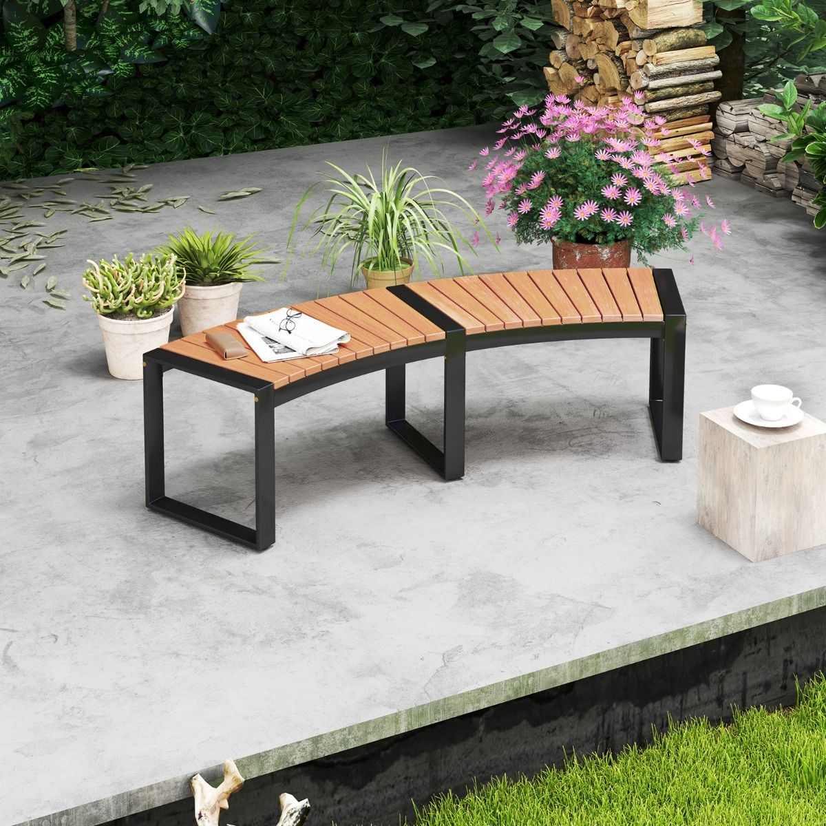 Coast Terrassenbank aus gebogenem Akazienholz – Sitzbank für 2 Personen – 146 x 58 x 45 cm – Gelb/Schwarz