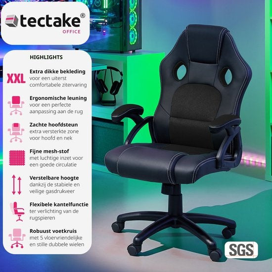 tectake - Bürostuhl Gaming Stuhl - Luxus Schreibtischstuhl Bürostuhl - Rennstuhl Schreibtischstuhl Gaming Stuhl Tyson - schwarz