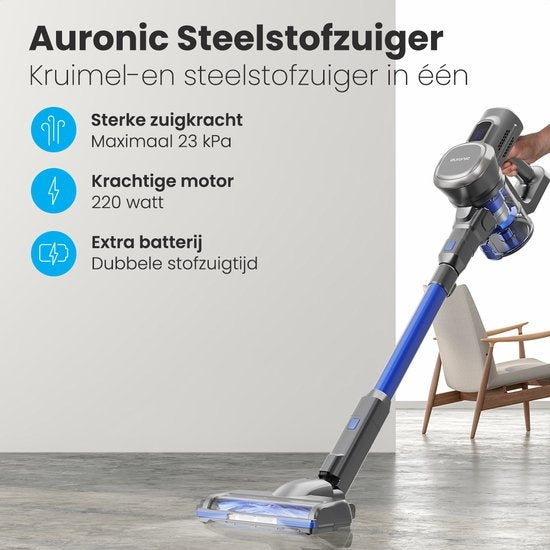 Auronic Stick Staubsauger - Kabellos - Beutellos - Akkubetrieben - Selbstständig - 220 W - Extra Akku - Grau/Blau