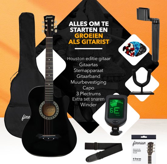 Finesse Akustikgitarre - Mit Videokurs - Westerngitarre - Gitarre Kind & Erwachsener - Schwarz