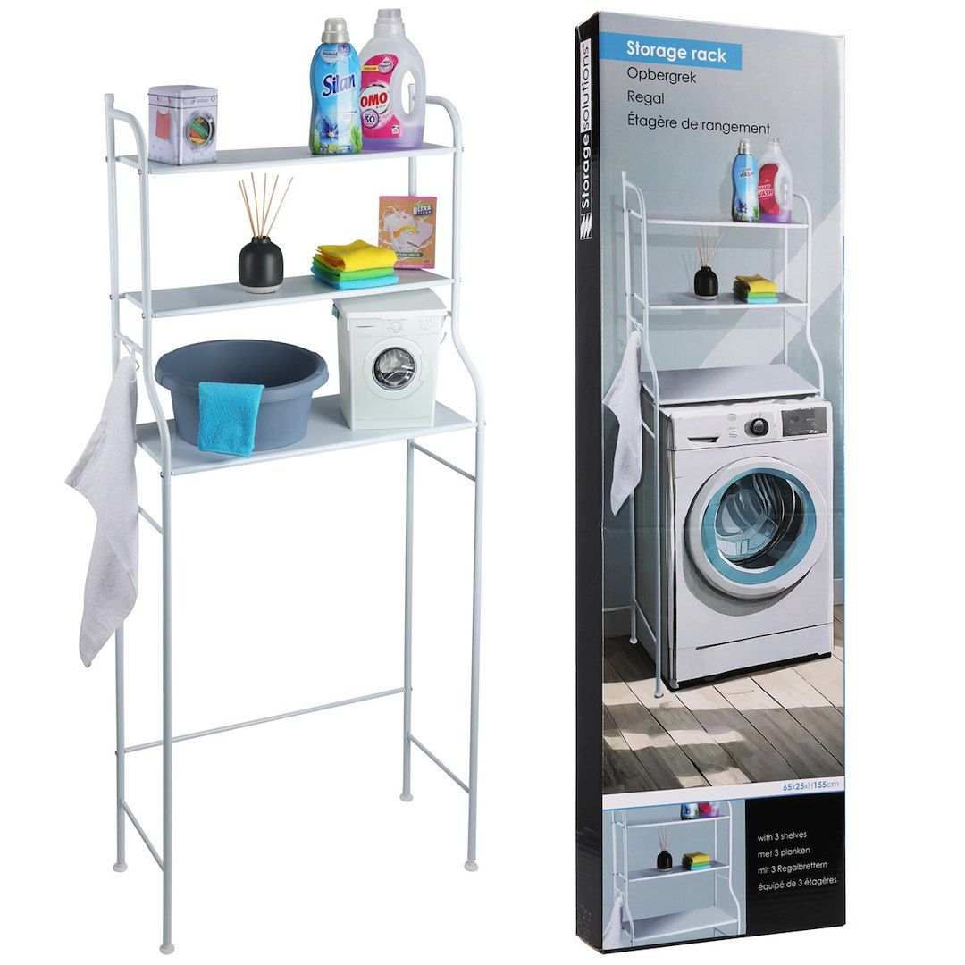 Storage Solutions - Metall Badregal - weiß - 62x25x155 cm - 3 Ablagen mit Haken