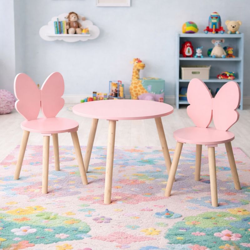 Home Styling Collection - Kindertisch mit 2 Stühlen Butterfly Pink - 3-teiliges Kindermöbel-Set