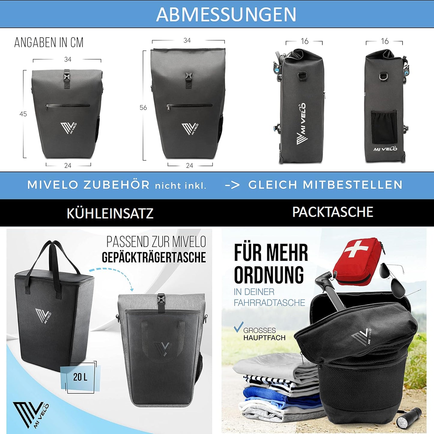 MIVELO Packtasche - Wasserdicht - 25L - Mit Laptopfach und Schultergurt - Schwarz