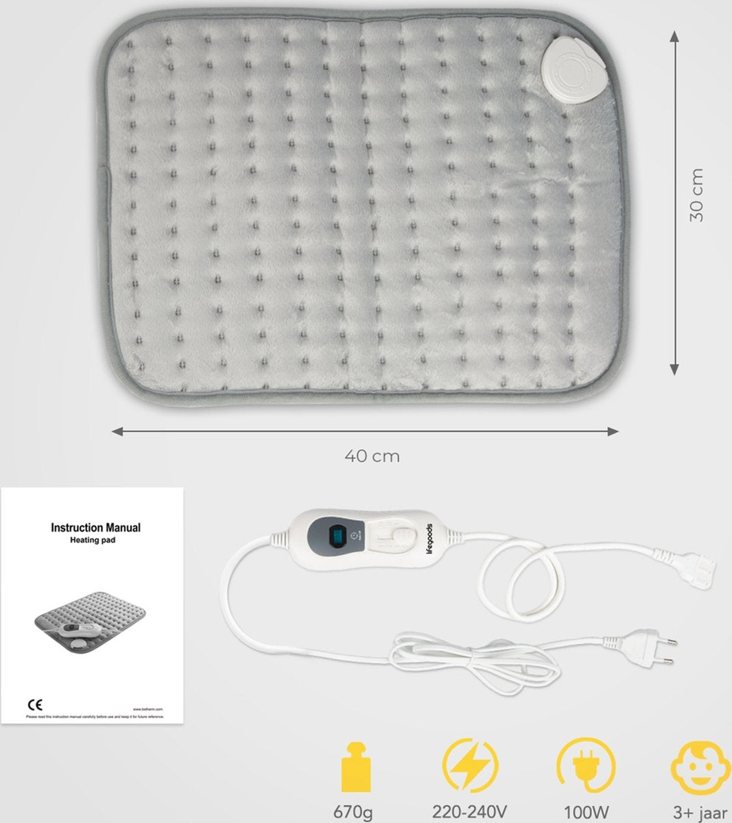 LifeGoods Wärmekissen - Elektrisch - 40x30cm - Nacken und Schultern - Waschbar - Grau