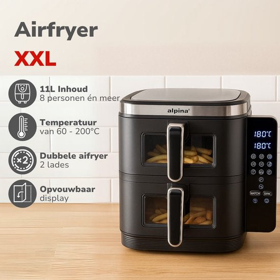 alpina Airfryer XXL - Doppel-Luftfritteuse 11L - Heißluftfritteuse 2 Körbe - Doppelt gestapelt für 8 Personen - Klappbares Display - Timerfunktion bis zu 60 Minuten - Temperatur 60-200°C - Schwarz