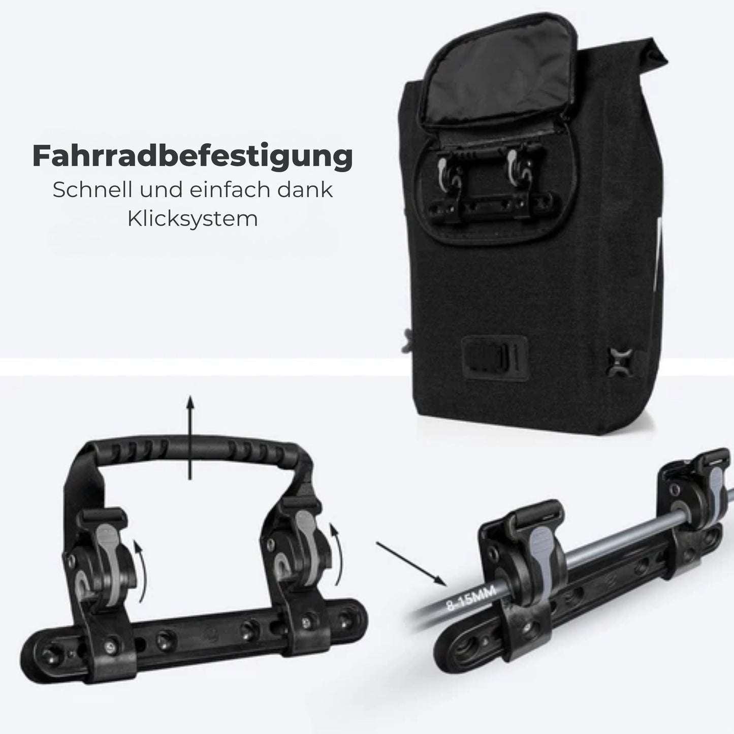 LifeGoods Single Bicycle Bag - Kompakt - Umhängetasche und Rucksack - 25L - Runder Gepäckträger - Wasserdicht - Schwarz