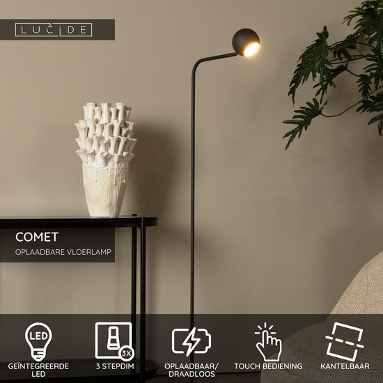 Lucide COMET – Wiederaufladbare Stehlampe – Akku/Batterie – LED mit 3-stufiger Dimmung – 1 × 3 W, 2700 K – Schwarz