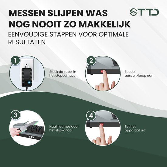 TTD® Premium Messerschärfer Elektrisch - 3 Ständer - Vorbearbeiten, Schärfen und Polieren - Anti-Rutsch - Piercing Sharpener - Messerschärfer - Wetzstahl für Messer