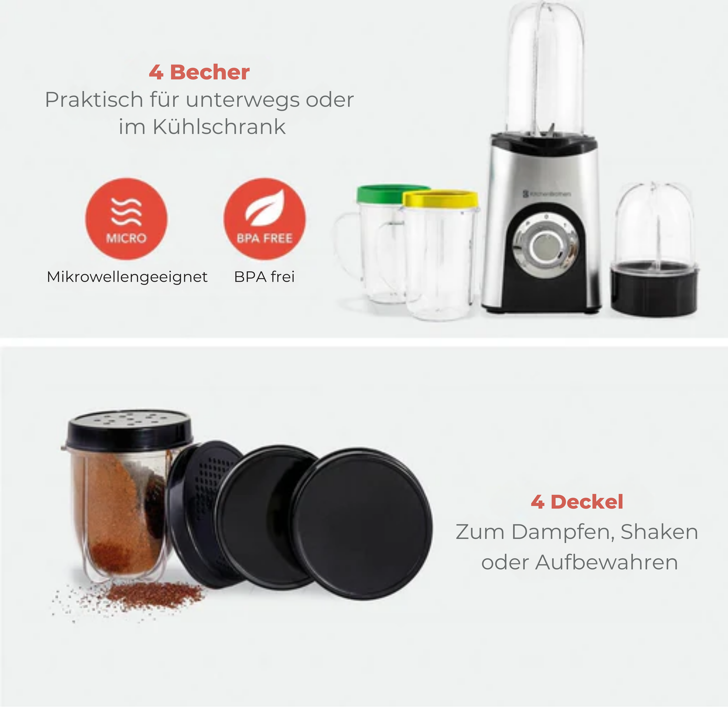 KitchenBrothers Smoothie Mixer - 13-teiliges Set - 4 Becher - To Go - 350W - Edelstahl