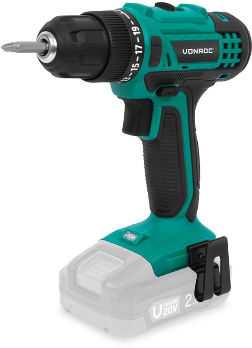 Vonroc Akku-Bohrmaschine 20V - 19 Schraubmodi + Bohrmodus - Inkl. 2 Bits - Ohne Akku & Schnellladegerät